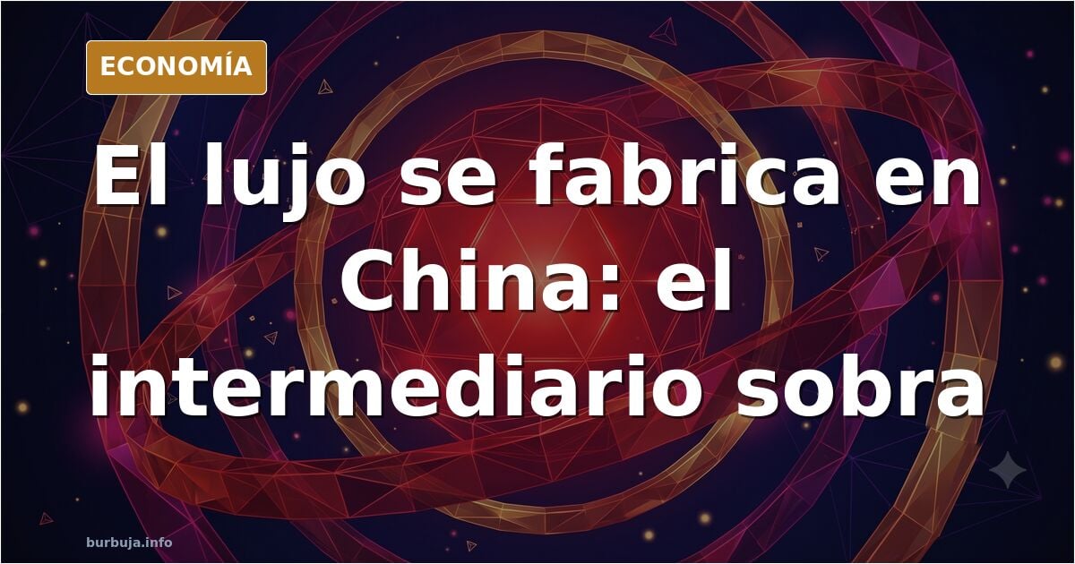 Ilustración editorial de una cadena de producción global con etiquetas de lujo y fábricas asiáticas