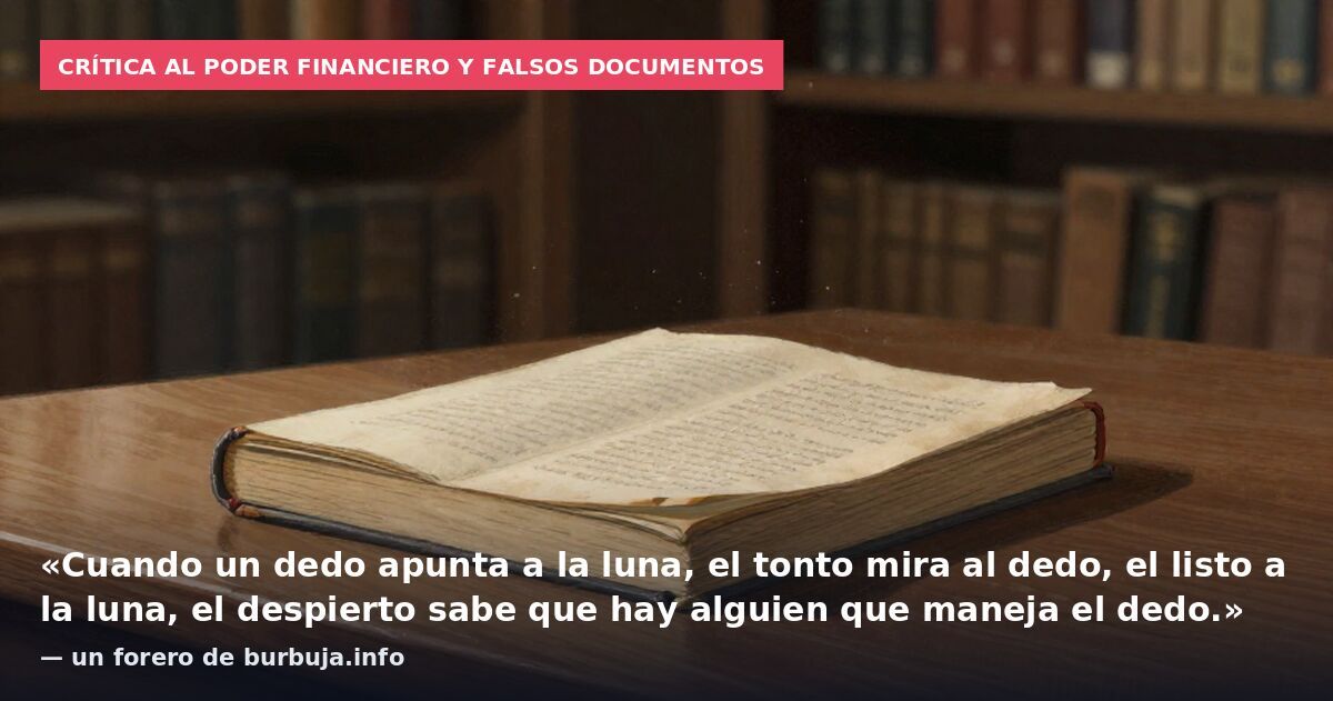Crítica al poder financiero y falsos documentos: «Cuando un dedo apunta a la luna, el tonto mira al dedo, el listo a la luna, el despierto sabe que hay alguien que maneja el dedo.» — un forero de burbuja.info