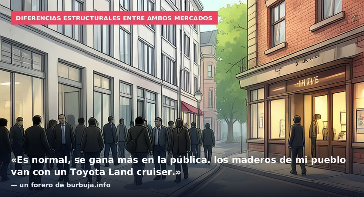 Diferencias estructurales entre ambos mercados: «Es normal, se gana más en la pública. los maderos de mi pueblo van con un Toyota Land cruiser.» — un forero de burbuja.info