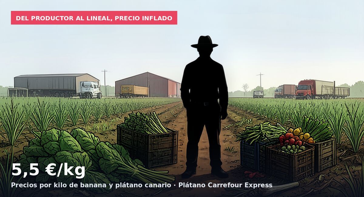 Del productor al lineal, precio inflado: 5,5 €/kg Precios por kilo de banana y plátano canario · Plátano Carrefour Express