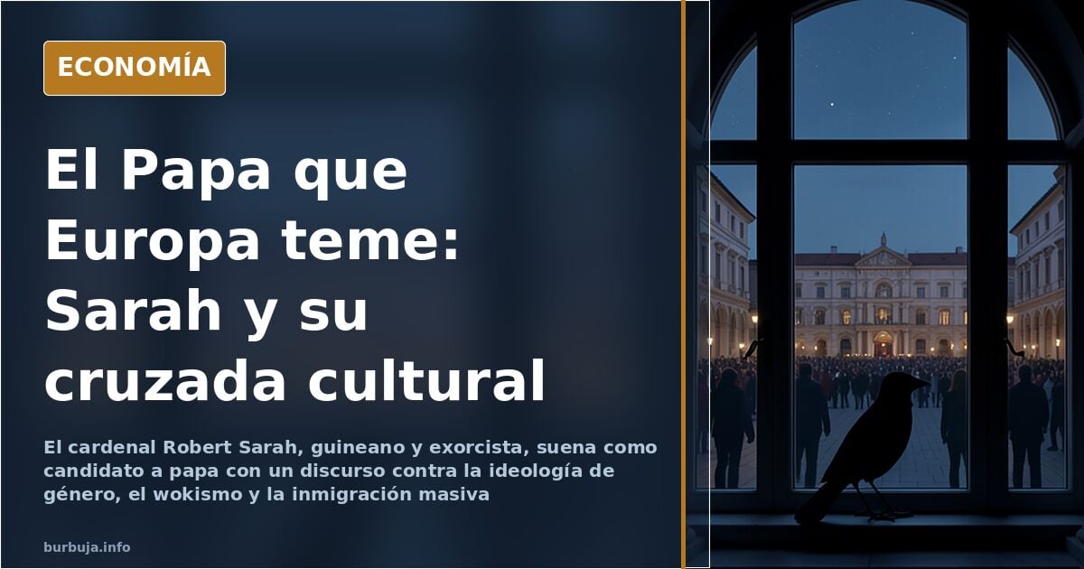Ilustración editorial de un cardenal con vestimenta tradicional ante una columnata vaticana, en tonos azul marino y dorado