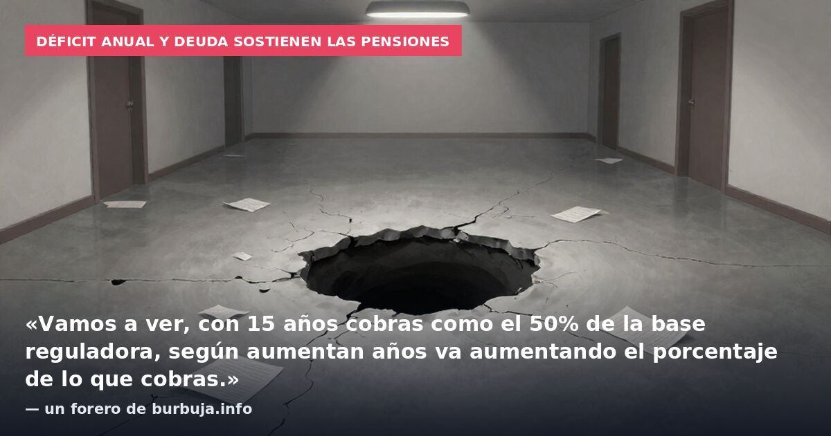 Déficit anual y deuda sostienen las pensiones: «Vamos a ver, con 15 años cobras como el 50% de la base reguladora, según aumentan años va aumentando el porcentaje de lo que cobras.» — un forero de burbuja.info