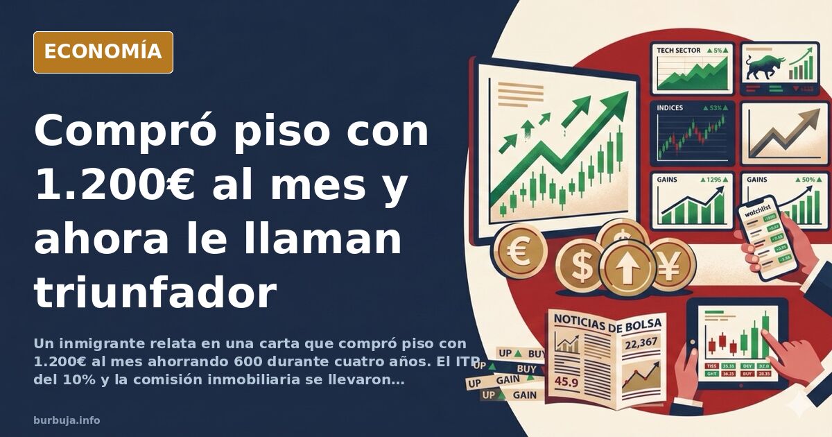 Ilustración editorial de un edificio de viviendas antiguo en una ciudad española, con una pareja joven mirando la fachada y u
