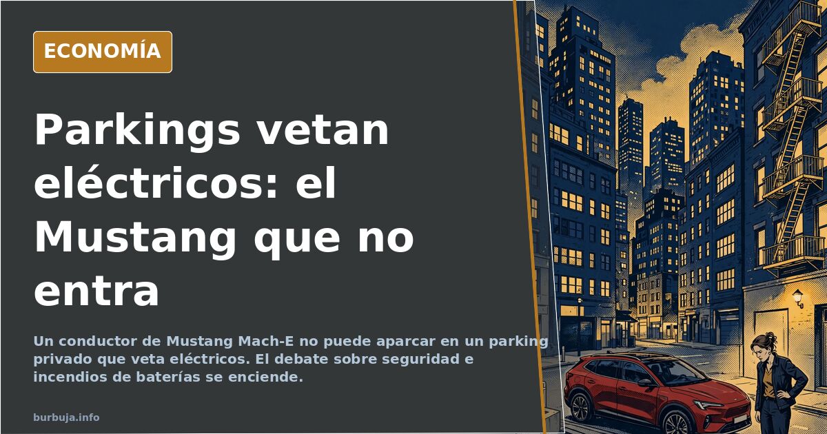 Ilustración editorial de un Ford Mustang Mach-E frente a una barrera de parking con cartel de prohibido a eléctricos