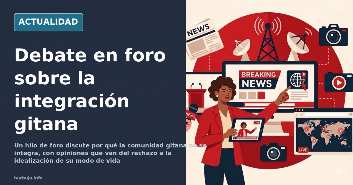 Ilustración editorial sobre un debate en foro acerca de la integración del pueblo gitano