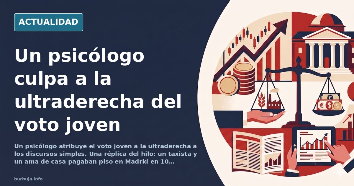 Ilustración editorial de un psicólogo dando una charla ante jóvenes en un aula, con gráficos de vivienda y tipos de interés a