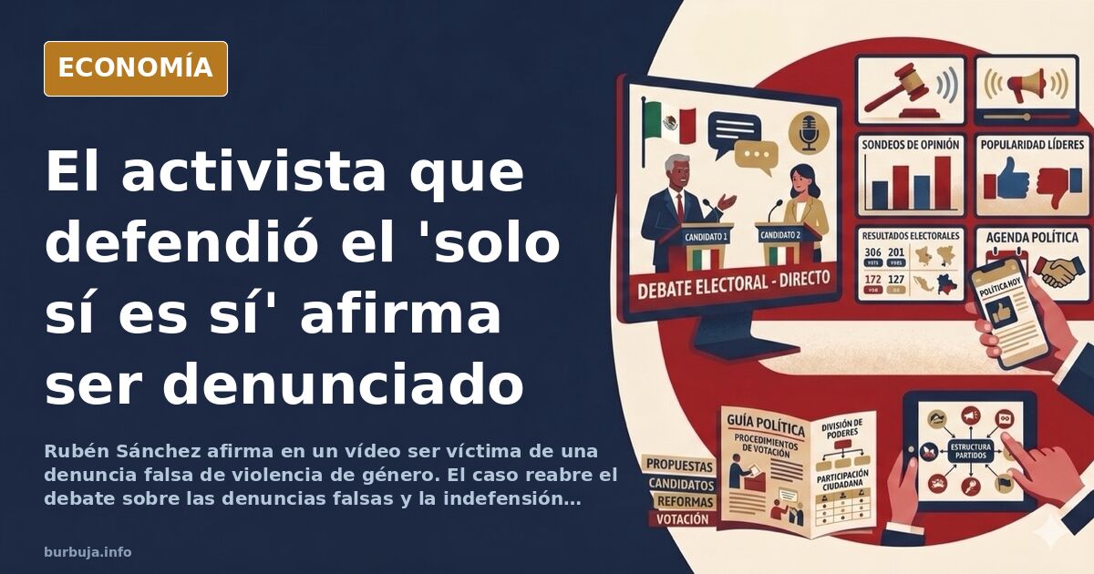 Ilustración editorial de un hombre frente a una balanza de la justicia inclinada, simbolizando la denuncia falsa de violencia