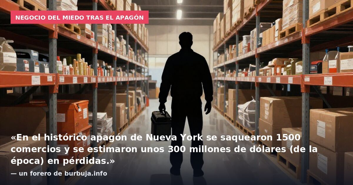 Negocio del miedo tras el apagón: «En el histórico apagón de Nueva York se saquearon 1500 comercios y se estimaron unos 300 millones de dólares (de la época) en pérdidas.» — un forero de burbuja.info