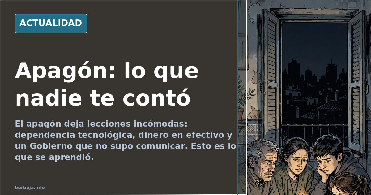 Personas reunidas en una calle a oscuras durante un apagón eléctrico, con una radio de pilas sobre una mesa