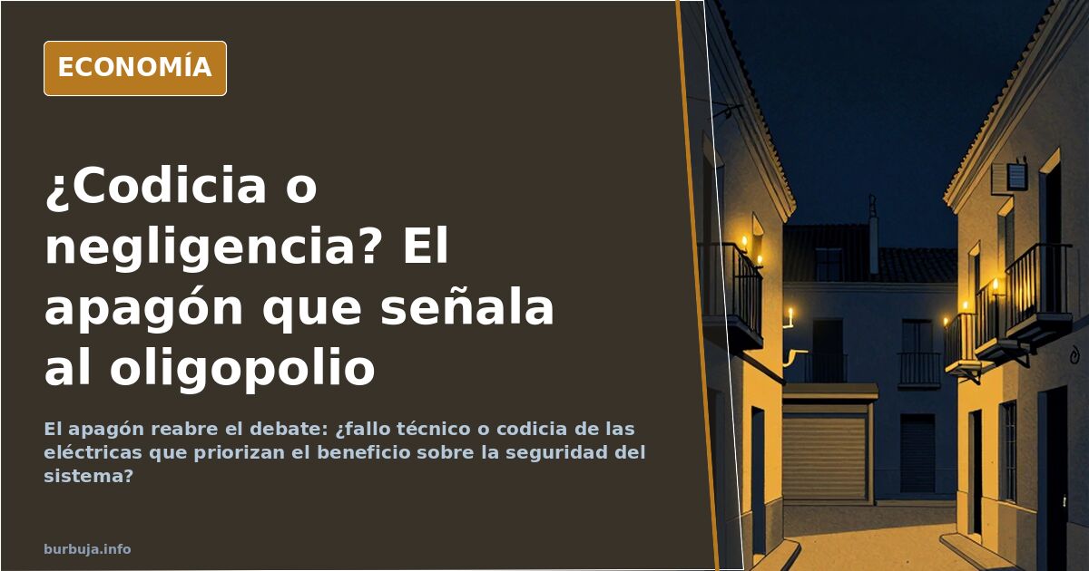 Ilustración editorial de un apagón con torres eléctricas y un sol partido, simbolizando el fallo del sistema energético