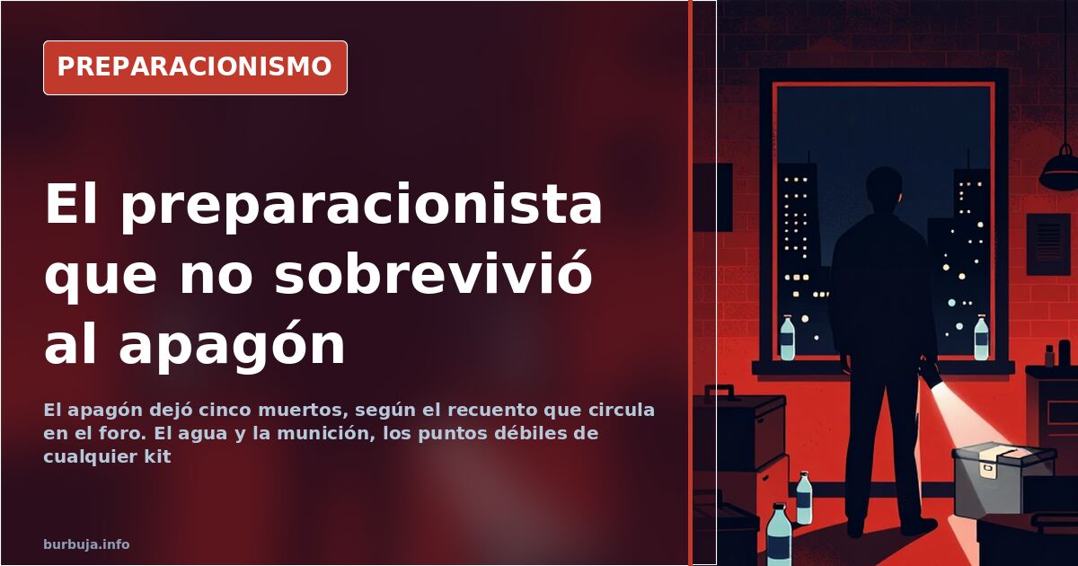 Mochila táctica de supervivencia abierta con linternas, agua embotellada y equipo de preparacionismo sobre una mesa