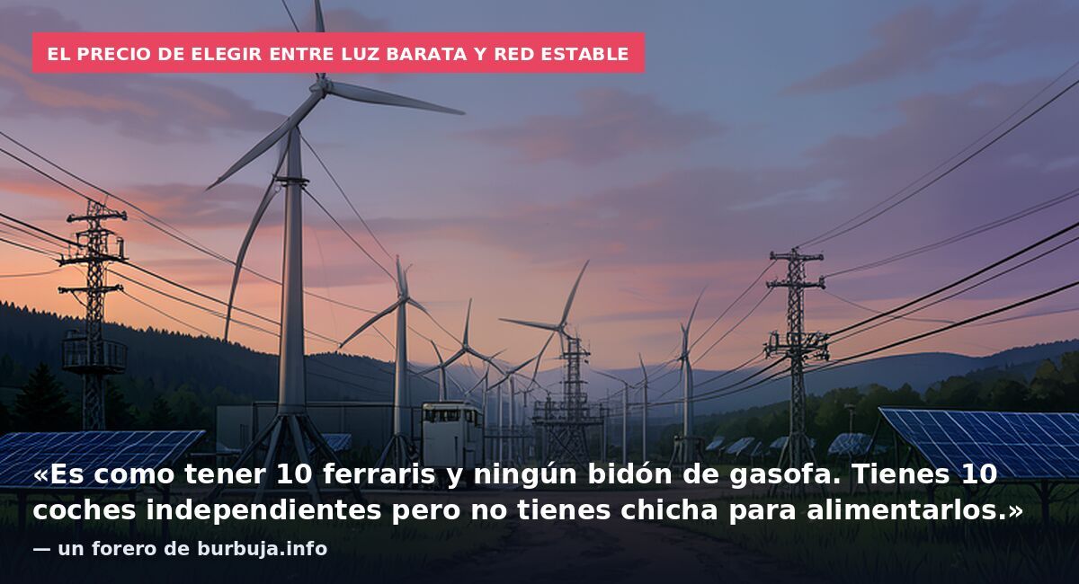 El precio de elegir entre luz barata y red estable: «Es como tener 10 ferraris y ningún bidón de gasofa. Tienes 10 coches independientes pero no tienes chicha para alimentarlos.» — un forero de burbuja.info