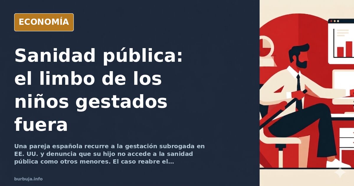 Ilustración editorial de una familia española con un expediente administrativo y un sello de denegación sobre fondo azul mari