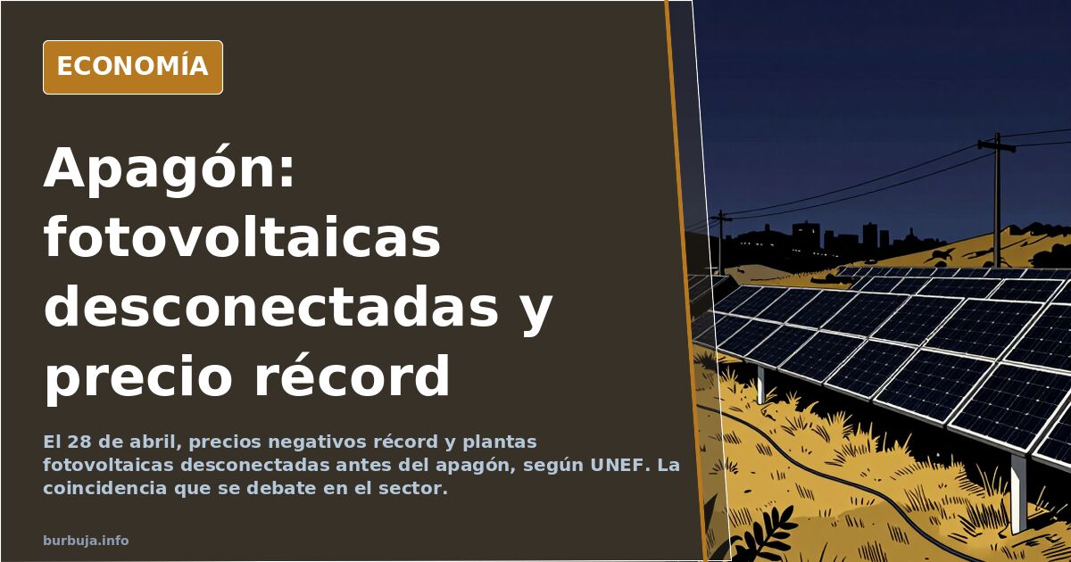Ilustración editorial de paneles solares desconectados de la red eléctrica durante un apagón, con gráfico de precios negativo