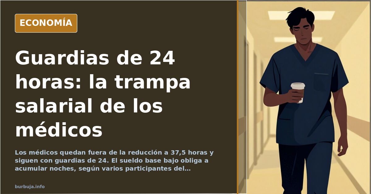 Ilustración editorial de un médico agotado tras una guardia de 24 horas en un hospital público español