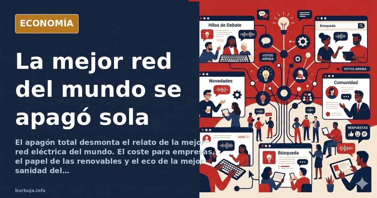 Ilustración editorial de una torre de alta tensión apagada sobre un mapa de España en tonos azul marino y dorado