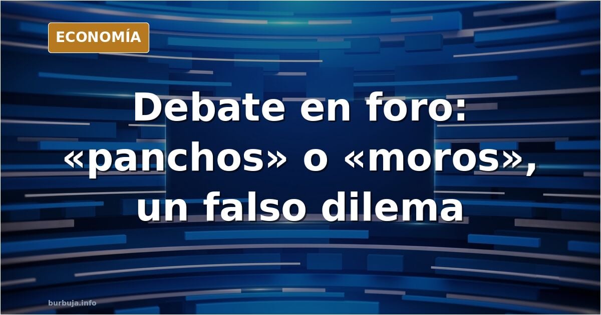 Ilustración editorial sobre un debate en foro acerca de migración, con dos bloques enfrentados