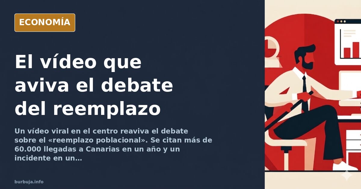Ilustración editorial de una calle céntrica con un grupo de personas ocupando la vía pública y un cartel de reemplazo poblaci
