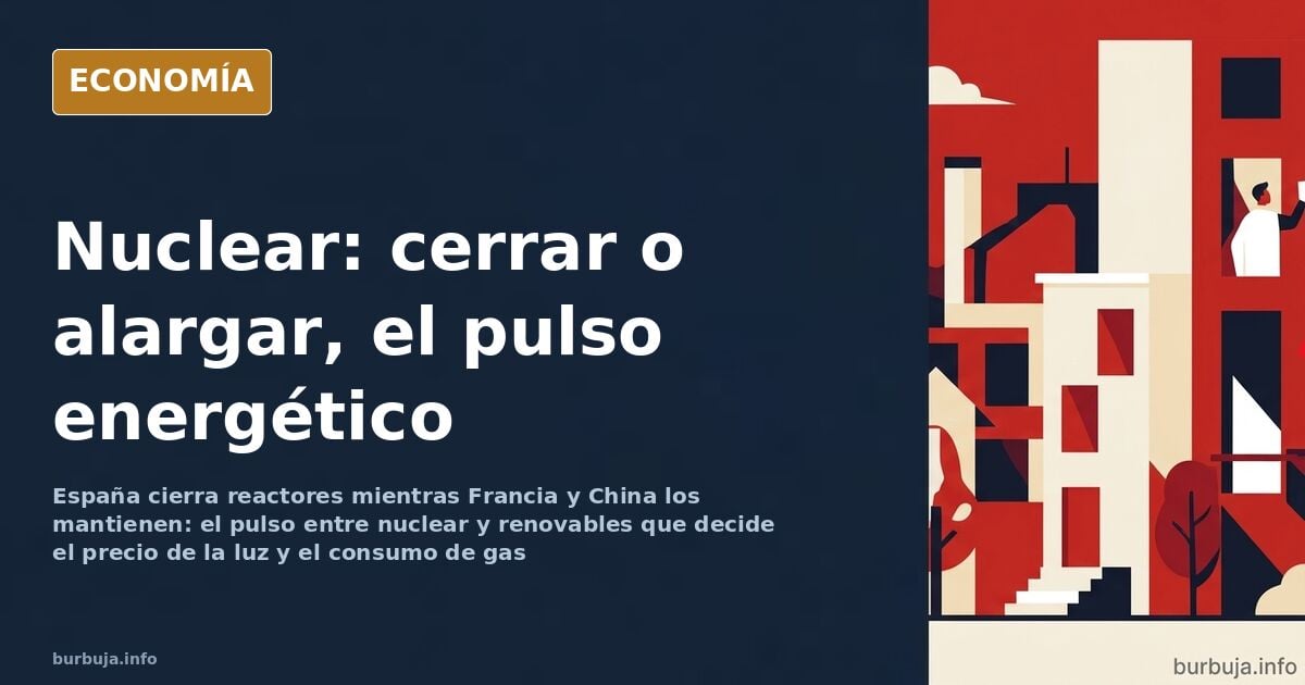 Ilustración editorial de una central nuclear junto a paneles solares y molinos, con la silueta de la península ibérica al fon