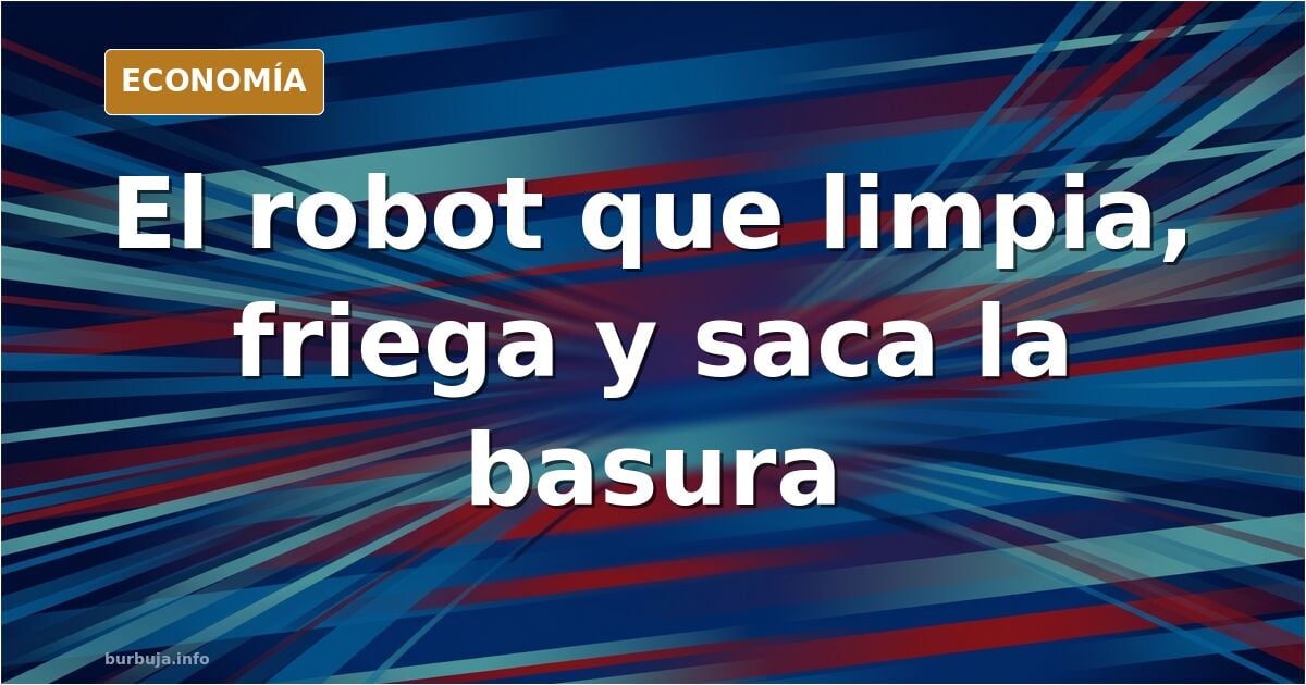 Robot doméstico de aspecto sencillo pasando la mopa por el suelo de una cocina mientras carga el lavavajillas