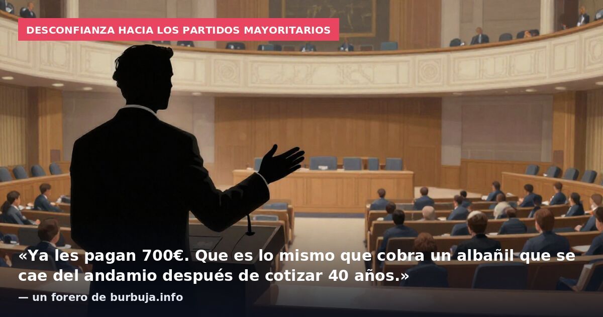 Desconfianza hacia los partidos mayoritarios: «Ya les pagan 700€. Que es lo mismo que cobra un albañil que se cae del andamio después de cotizar 40 años.» — un forero de burbuja.info