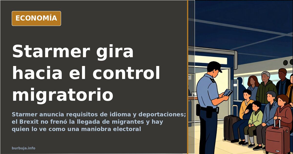 Ilustración editorial de Keir Starmer ante una frontera británica con medidas migratorias y deportaciones