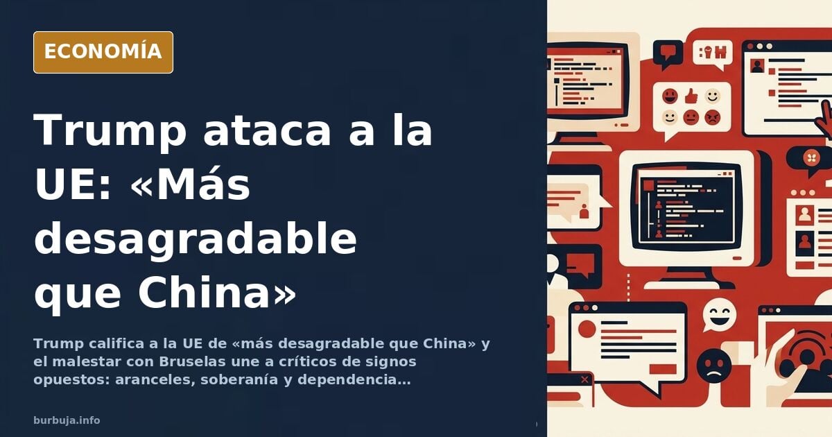 Ilustración editorial de Donald Trump señalando a la bandera europea frente a un mapa comercial