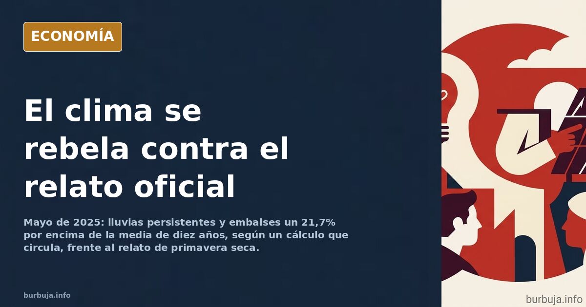 Ilustración editorial de un paraguas bajo un sol radiante sobre un paisaje verde y embalses llenos, simbolizando la primavera