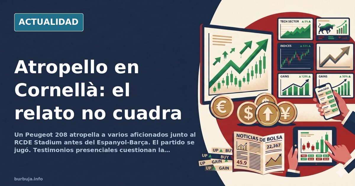 Vista de los aledaños del RCDE Stadium con aficionados y un coche rodeado junto a la zona del Gol Cornellà