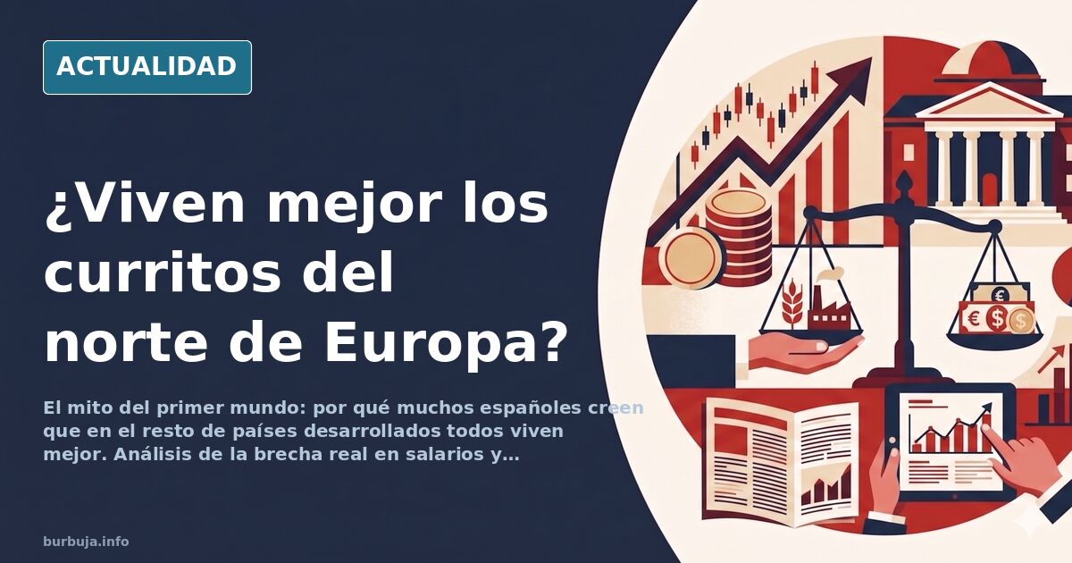 Persona mirando por la ventana de un piso español mientras al fondo se ve una bandera europea y un cartel de se vende