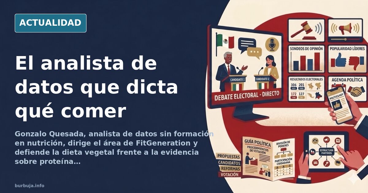 Ilustración editorial de un analista de datos frente a una pantalla con gráficos y platos de comida vegetal sobre la mesa