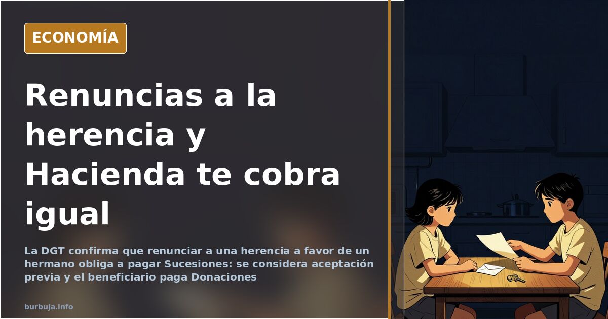 Ilustración editorial de una herencia dividida en cuatro partes con un sello fiscal sobre el porcentaje renunciado