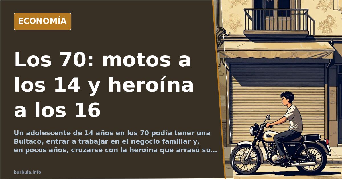 Ilustración editorial de una moto española clásica de los años 70 aparcada frente a un bloque de viviendas, con un adolescent