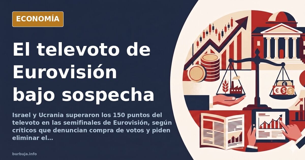 Ilustración editorial de un televoto de Eurovisión con papeletas y banderas de Israel y Ucrania bajo sospecha