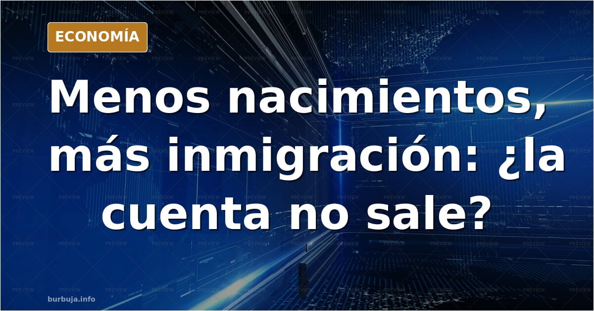Ilustración editorial sobre la caída de la natalidad en España y la llegada de inmigrantes como respuesta económica