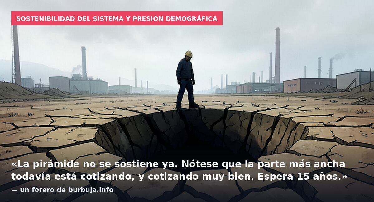 Sostenibilidad del sistema y presión demográfica: «La pirámide no se sostiene ya. Nótese que la parte más ancha todavía está cotizando, y cotizando muy bien. Espera 15 años.» — un forero de burbuja.info