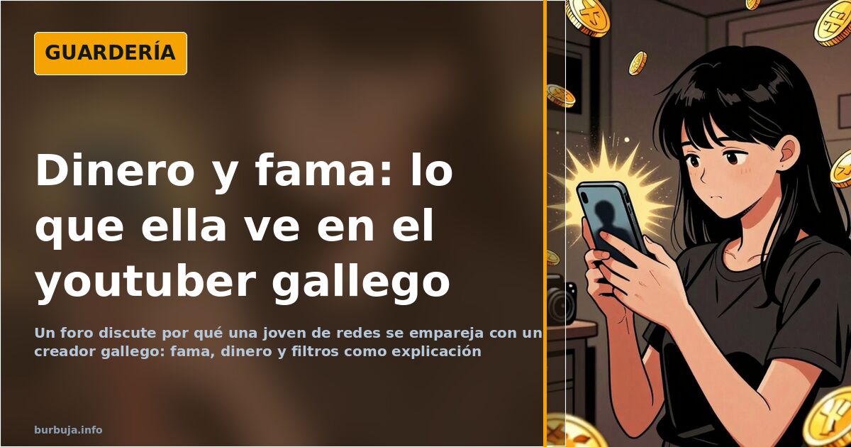Ilustración de un creador de contenido gallego con gafas junto a una joven modelo frente a pantallas de redes sociales