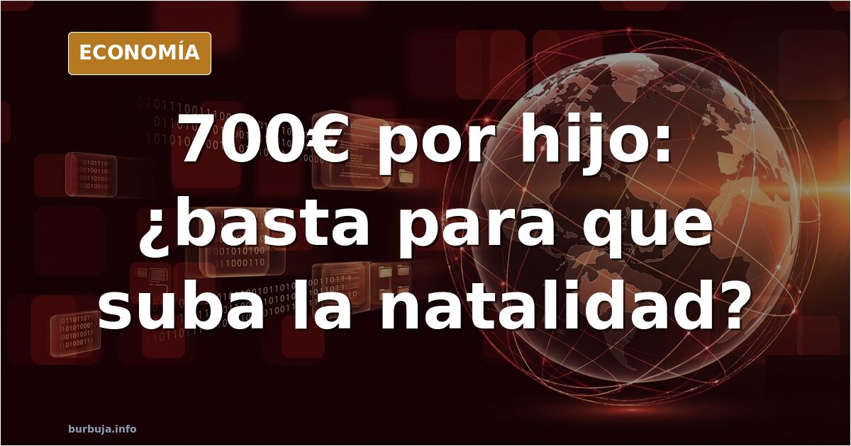 Ilustración editorial sobre natalidad: silueta de familia ante una casa y gráfico descendente de nacimientos en España