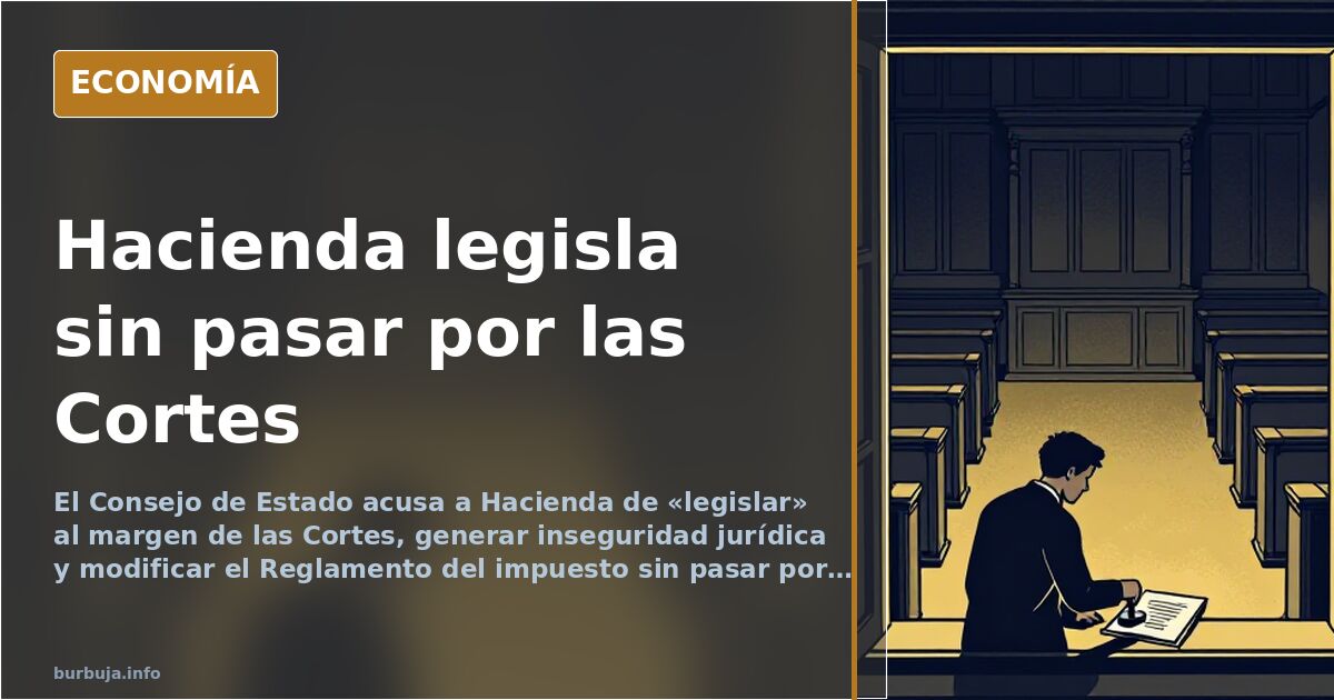 Ilustración editorial de un edificio institucional con documentos apilados y un sello de la Agencia Tributaria sobre un exped