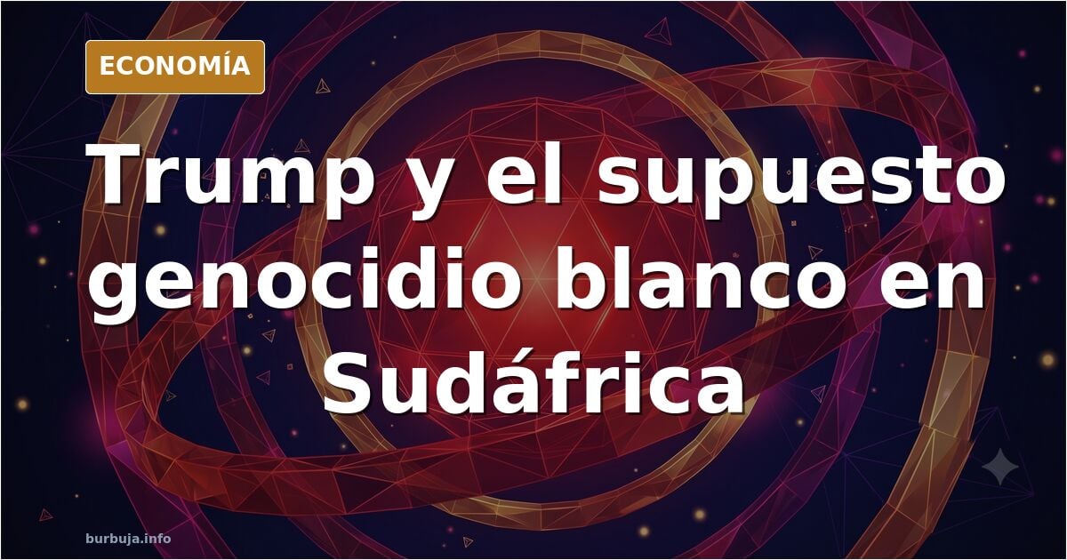 Ilustración editorial de Trump señalando un mapa de Sudáfrica con granjeros afrikáners y cifras de población blanca
