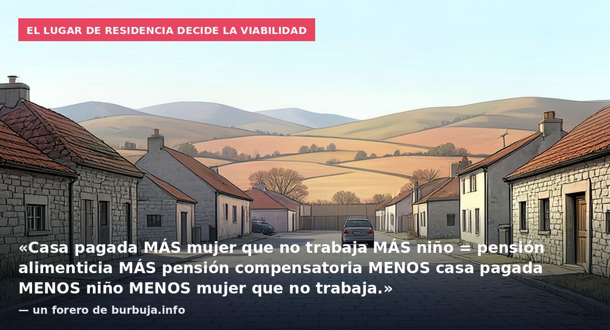 El lugar de residencia decide la viabilidad: «Casa pagada MÁS mujer que no trabaja MÁS niño = pensión alimenticia MÁS pensión compensatoria MENOS casa pagada MENOS niño MENOS mujer que no trabaja.» — un forero de burbuja.info