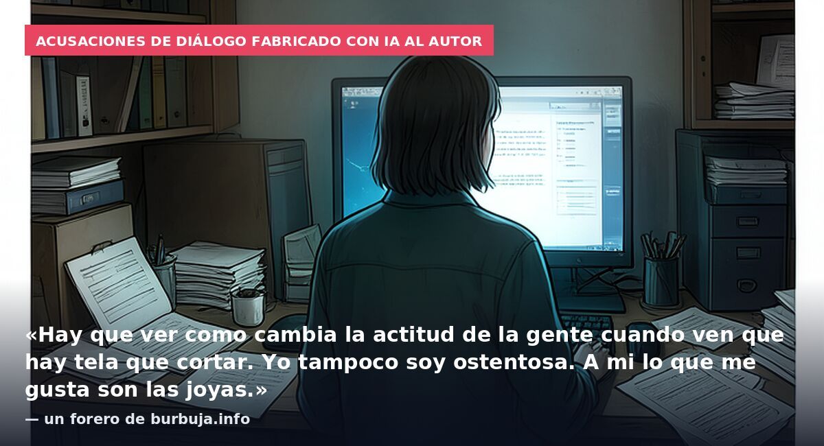 Acusaciones de diálogo fabricado con IA al autor: «Hay que ver como cambia la actitud de la gente cuando ven que hay tela que cortar. Yo tampoco soy ostentosa. A mi lo que me gusta son las joyas.» — un forero de burbuja.info