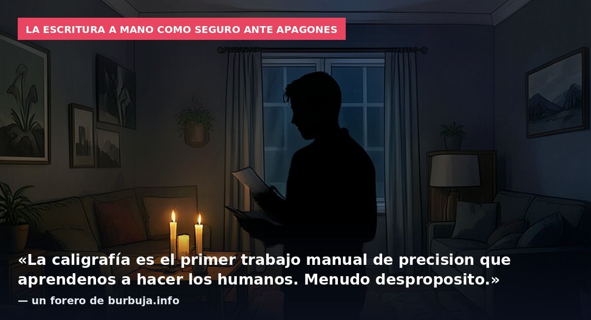La escritura a mano como seguro ante apagones: «La caligrafía es el primer trabajo manual de precision que aprendenos a hacer los humanos. Menudo desproposito.» — un forero de burbuja.info