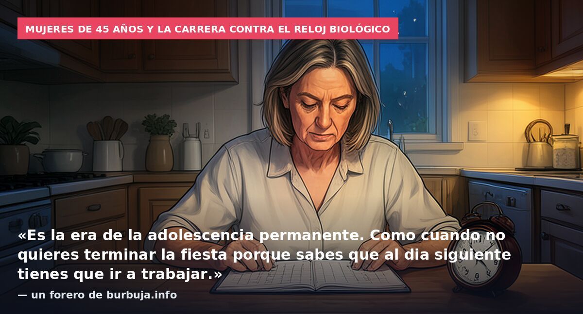 Mujeres de 45 años y la carrera contra el reloj biológico: «Es la era de la adolescencia permanente. Como cuando no quieres terminar la fiesta porque sabes que al dia siguiente tienes que ir a trabajar.» — un forero de burbuja.info