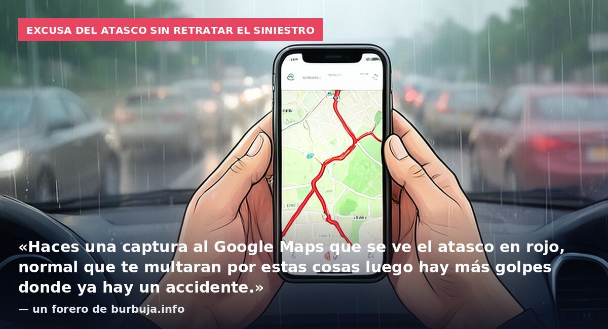 Excusa del atasco sin retratar el siniestro: «Haces una captura al Google Maps que se ve el atasco en rojo, normal que te multaran por estas cosas luego hay más golpes donde ya hay un accidente.» — un forero de burbuja.info