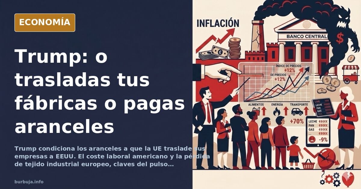 Ilustración editorial de un barco portacontenedores cruzando el Atlántico entre aranceles y fábricas