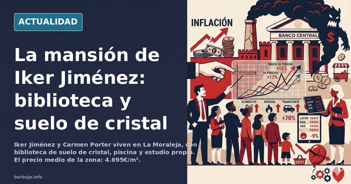 Interior de la biblioteca de la casa de Iker Jiménez en La Moraleja con estanterías, pantalla y suelo de cristal