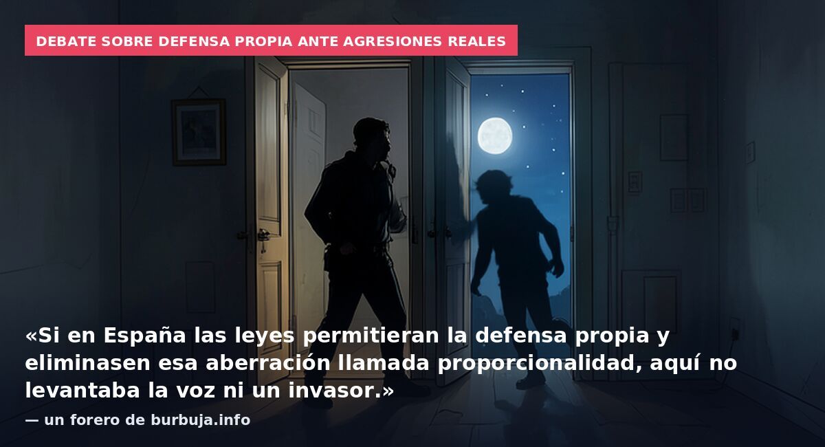 Debate sobre defensa propia ante agresiones reales: «Si en España las leyes permitieran la defensa propia y eliminasen esa aberración llamada proporcionalidad, aquí no levantaba la voz ni un invasor.» — un forero de burbuja.info