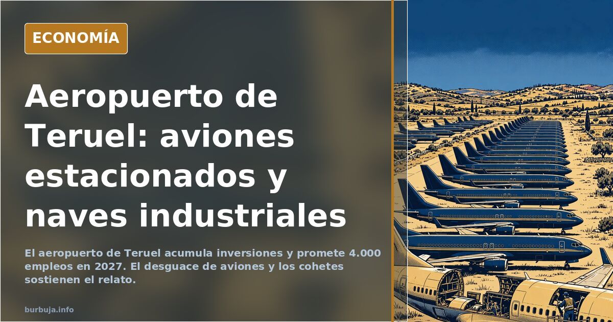 Vista aérea del aeropuerto de Teruel con aviones estacionados en la plataforma y naves industriales de mantenimiento aeronáut