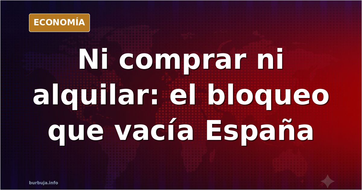 Ilustración editorial de un edificio de viviendas con carteles de se vende y se alquila vacíos, en tonos azul marino y dorado
